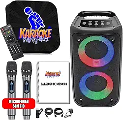Karaoke Party Box Profissional Preto +2 Microfones Sem Fio +Caixa De Som +2000 Músicas +Catálogo (Sistema Com Pontuação)