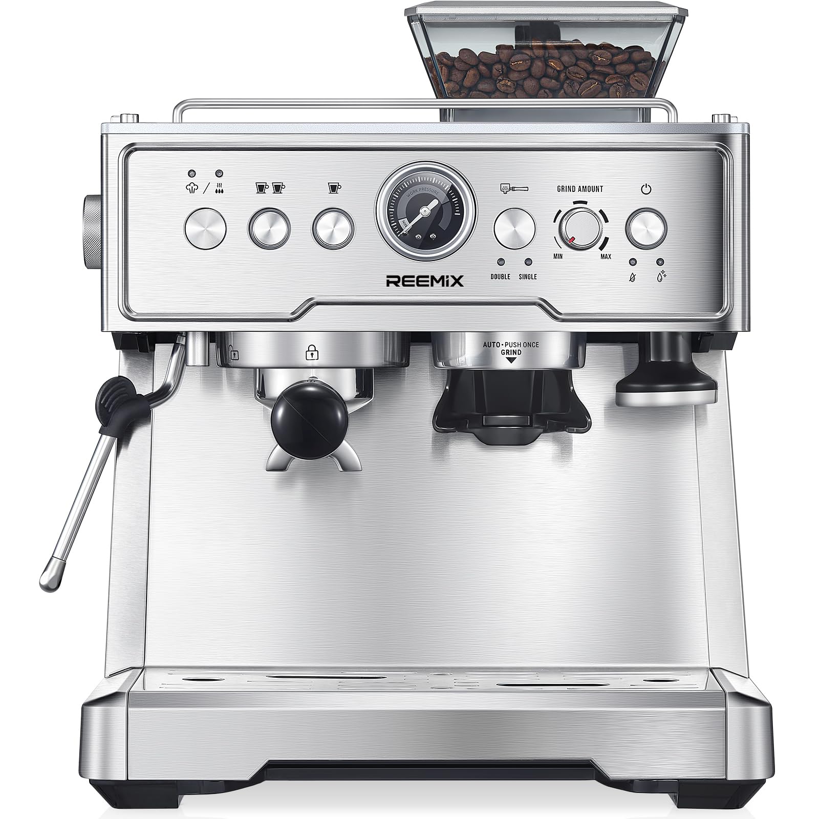 Reemix Machine à Expresso avec Porte-Filtre, Machine à Café 20 Bars avec Moulin Intégré et Mousseur à Lait, 1350 W, Réservoir de 2,8 l, Acier Inoxydable/Argenté, Kit Barista (54 mm Porte-Filtre)