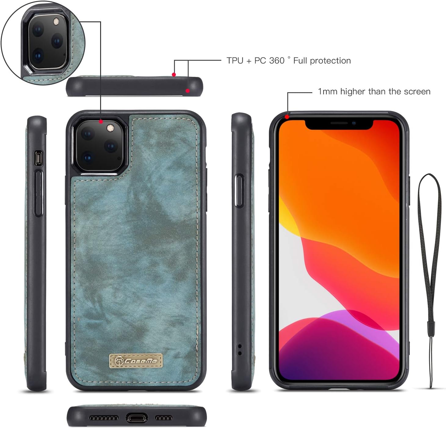 Compatible with iPhone 11 Pro Max Wallet Case, SINIANL Leather Zipper Detachable Credit Card Slot Money Pocket Clutch Cover Magnetic Closure Flip Cover for iPhone 11 Pro Max Blue