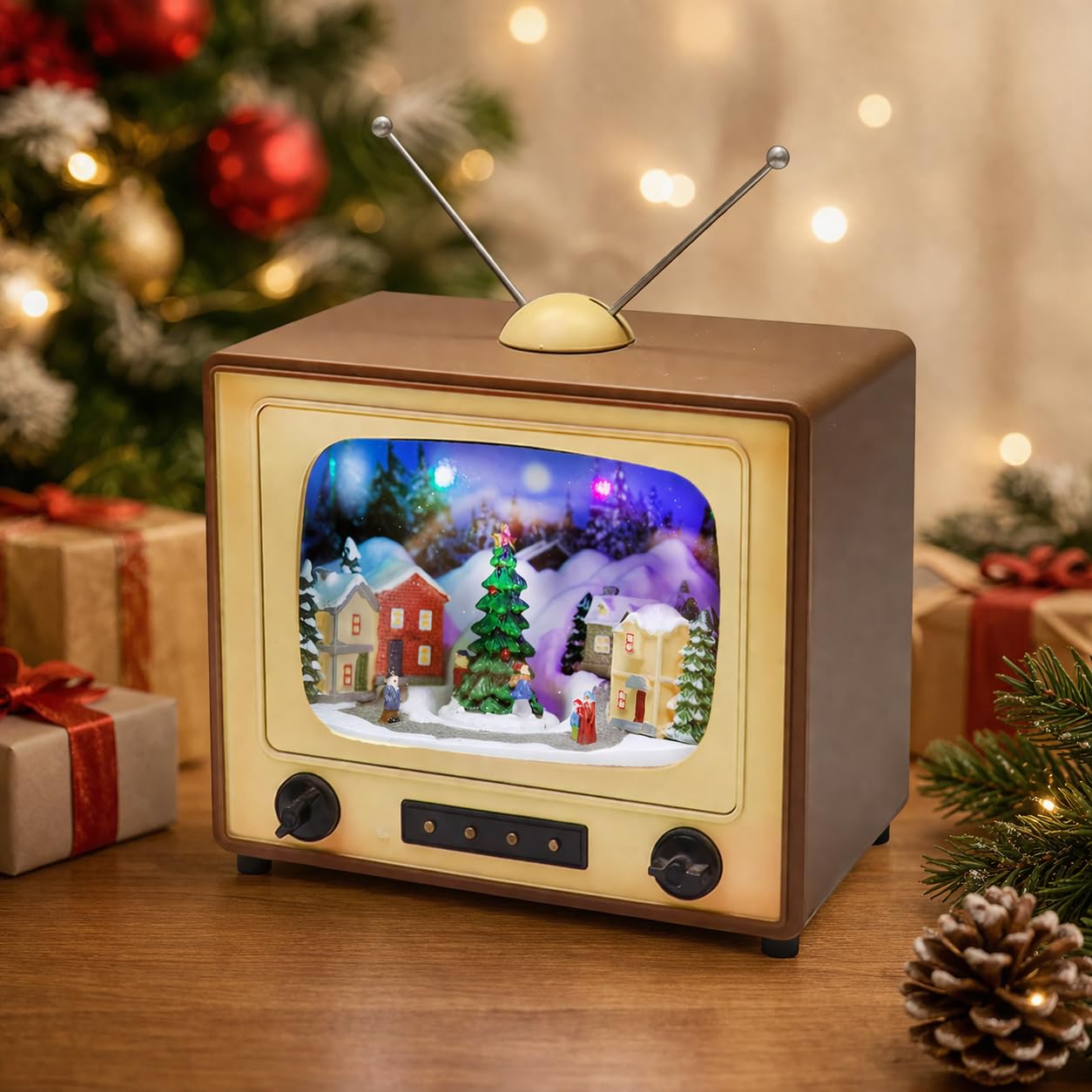 Xマス lemax ミュージカル・ホール　合唱つき　ライトハウス　ミニチュア Noel Dekoru Kahverengi Retro Vintage TV Müzik Kutusu Hareketli