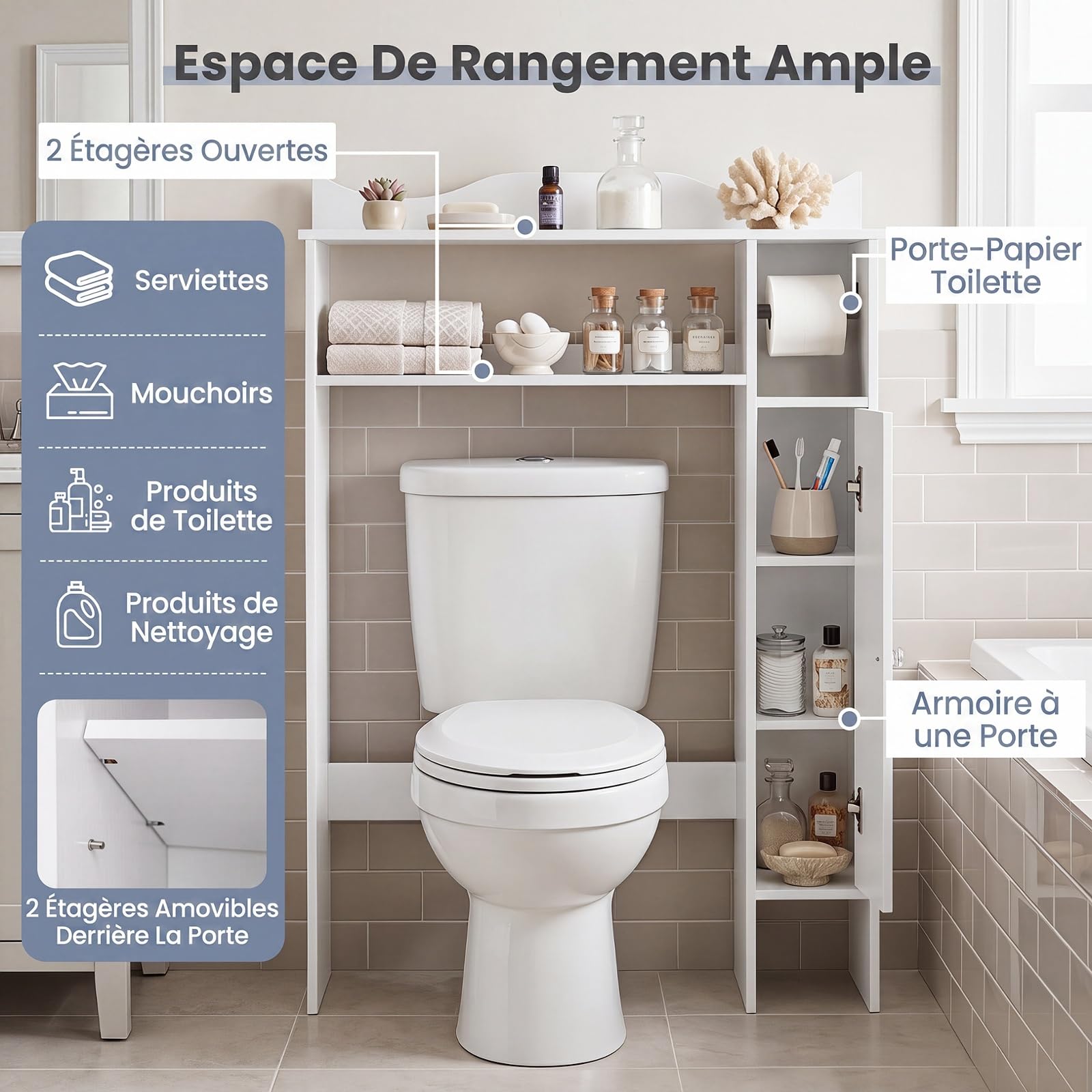 COSTWAY Meuble WC, Étagère au-Dessus des Toilettes, 20x75,5x110 cm, Blanc