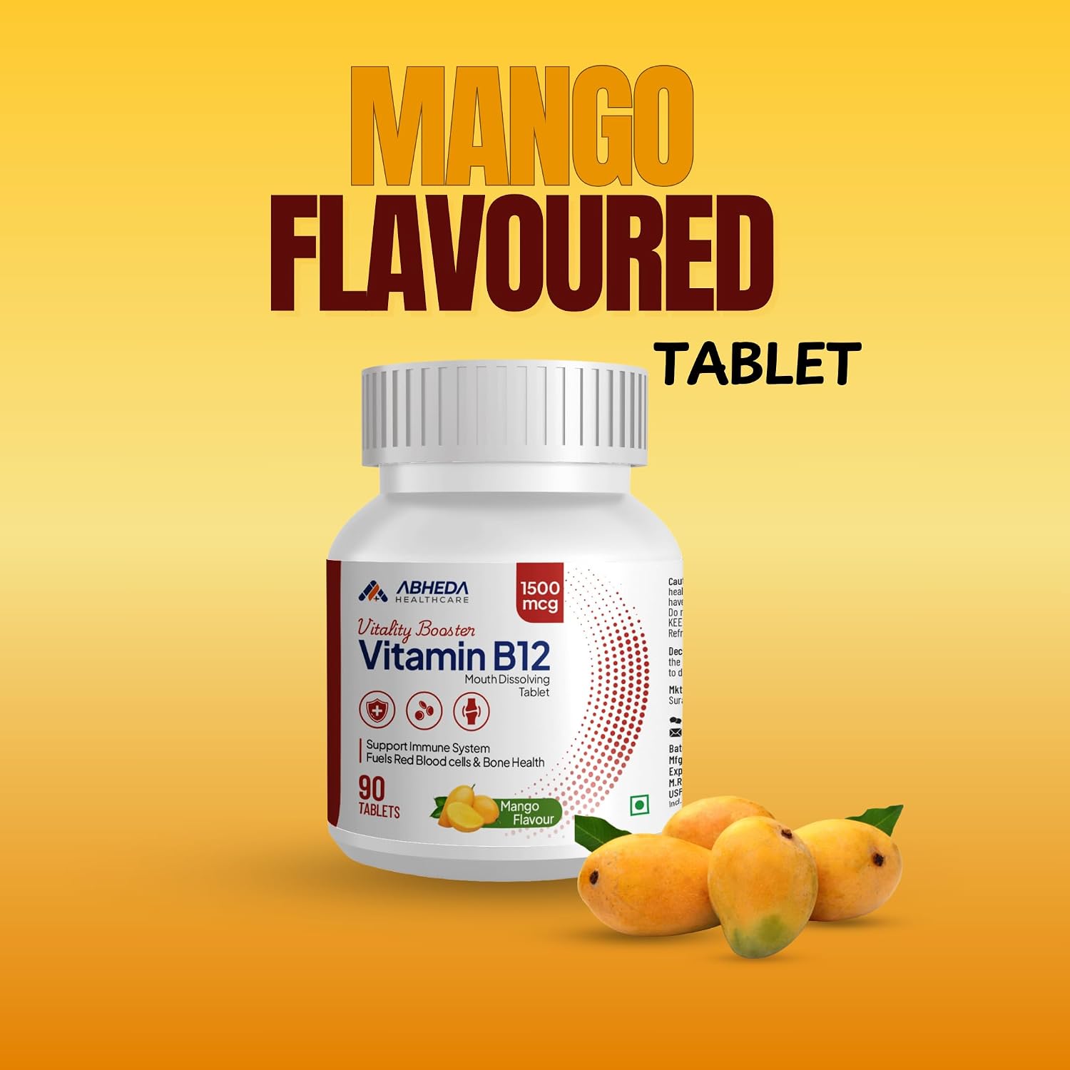 ABHEDA HEALTHCARE Vitamin B12 1500mcg Tablets - Fast Absorbing Mouth Dissolving Supplement - Delicious Mango Flavor - 90 Count - High Potency for Energy, Metabolism & Immune Support ABHEDA HEALTHCARE Vitamin B12 1500mcg Tablets - Fast Absorbing Mouth Dissolving Supplement - Delicious Mango Flavor - 90 Count - High Potency for Energy, Metabolism & Immune Support