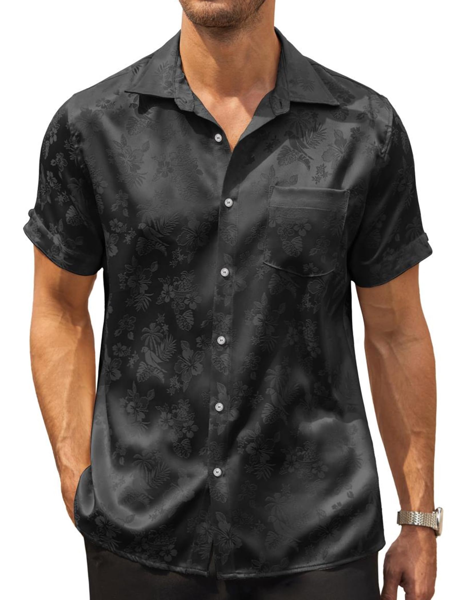 COOFANDYMen's Summer Shirts Short Sleeve Silk Satin Jacquard Shirts Casual Button Down Beach Shirt