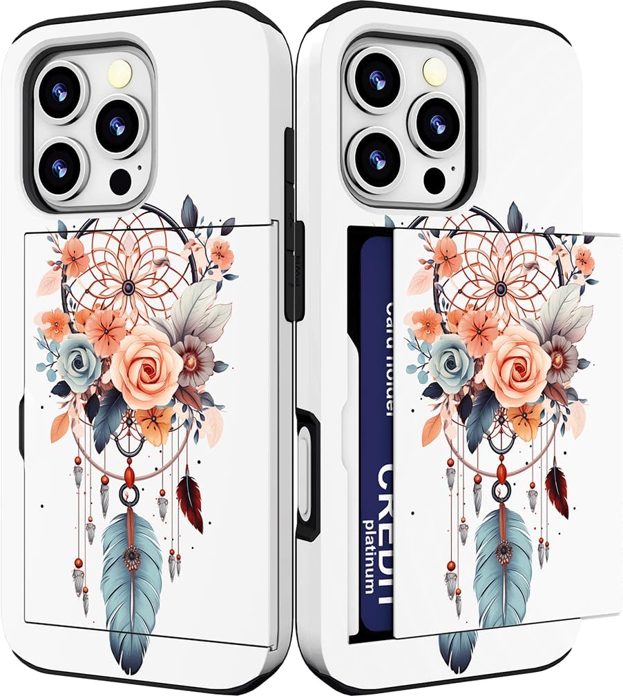 Compatible with iPhone 16 Pro Case Cute with Card Holder Shockproof Slim Slot Phone Wallet Cover for Women/Dreamcatcher Dream Catcher Flower Feather Girly