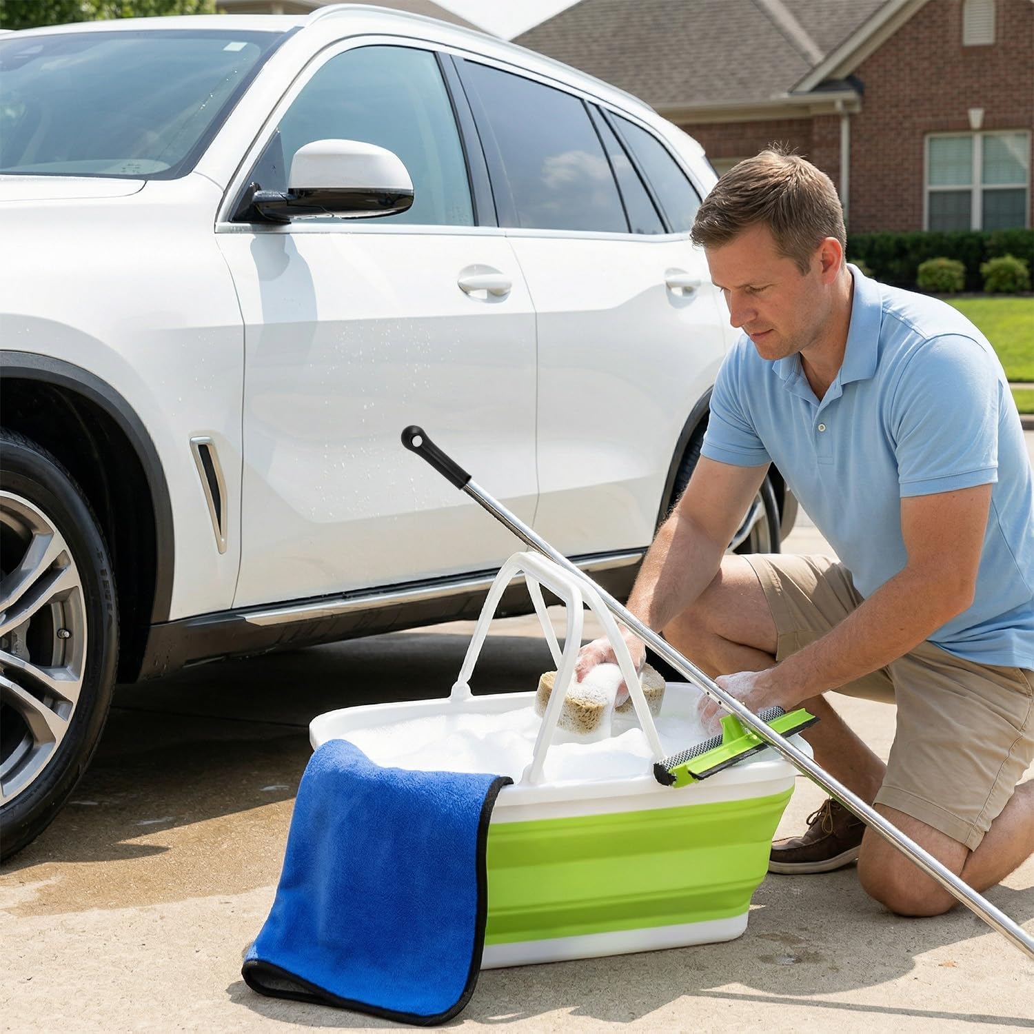 Window Cleaning Kit, Squeegee with Bucket for Windshield Cleaning, Bathroom, Shower Doors, Mirrors, Tiles, and Car Windows (Green)