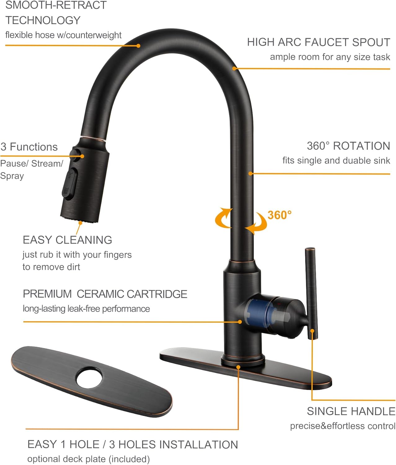 WOWOW Kitchen Faucet Head Replacement Oiled Rubbed Bronze, 3 Function Pull Out Spray and Kitchen Faucets with Pull Down Sprayer, Oil Rubbed Bronze Kitchen Faucet