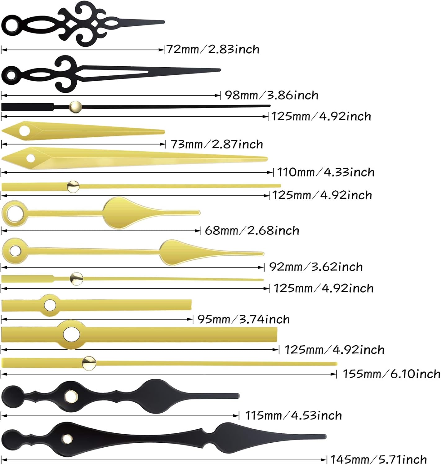 2 Pieces High Torque Long Shaft Clock Movement Mechanism with 5 Different Pairs of Hands Clock Repair Parts Replacement (20 mm, Gold and Black)