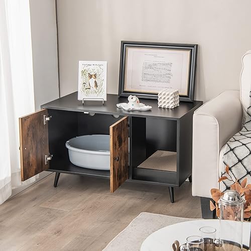 Miniatura 2 de Tangkula Caja de arena para gatos, baño para gatos con división, almohadilla para rascar, pata de metal, gabinete cerrado para mascotas con puertas