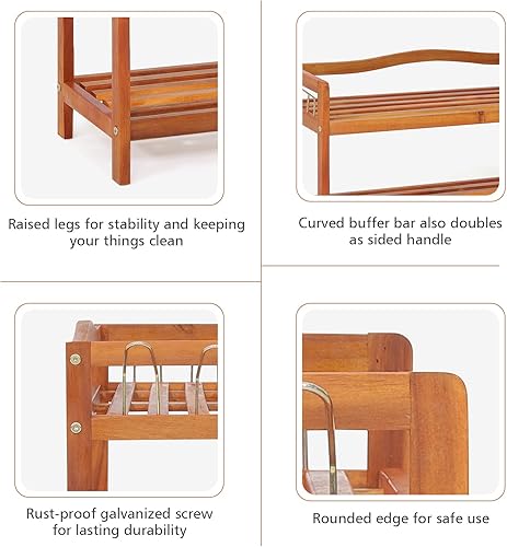 Miniatura 5 de Giantex Zapatero de 3 niveles, zapatero de madera de acacia con ganchos laterales de metal, capacidad para 12-18 pares, organizador de zapatos,