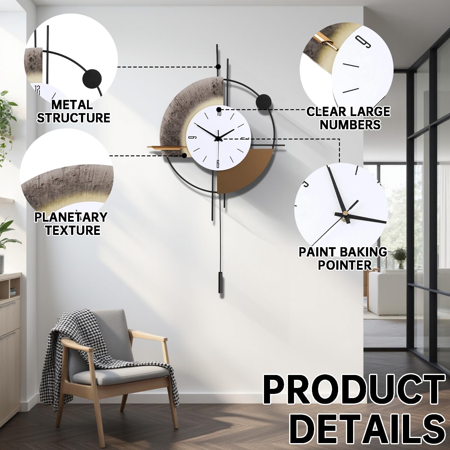 Wall Clock with Pendulum, Silent Quality Quartz Battery Operated, Large Wall Clock for Living Room Kitchen Home Bathroom Bedroom Wall Decor, 17.7x31inch(Brown)
