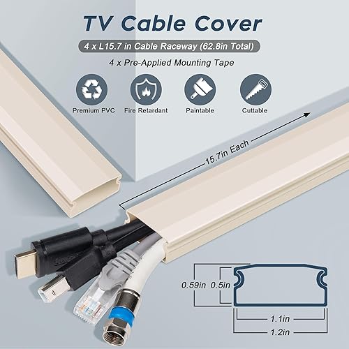 Vista 33 de Ocultador de cables de TV – 62.8 pulgadas de PVC para organizar cables, corrector de cable pintable para TV montado en la pared, cable blanco