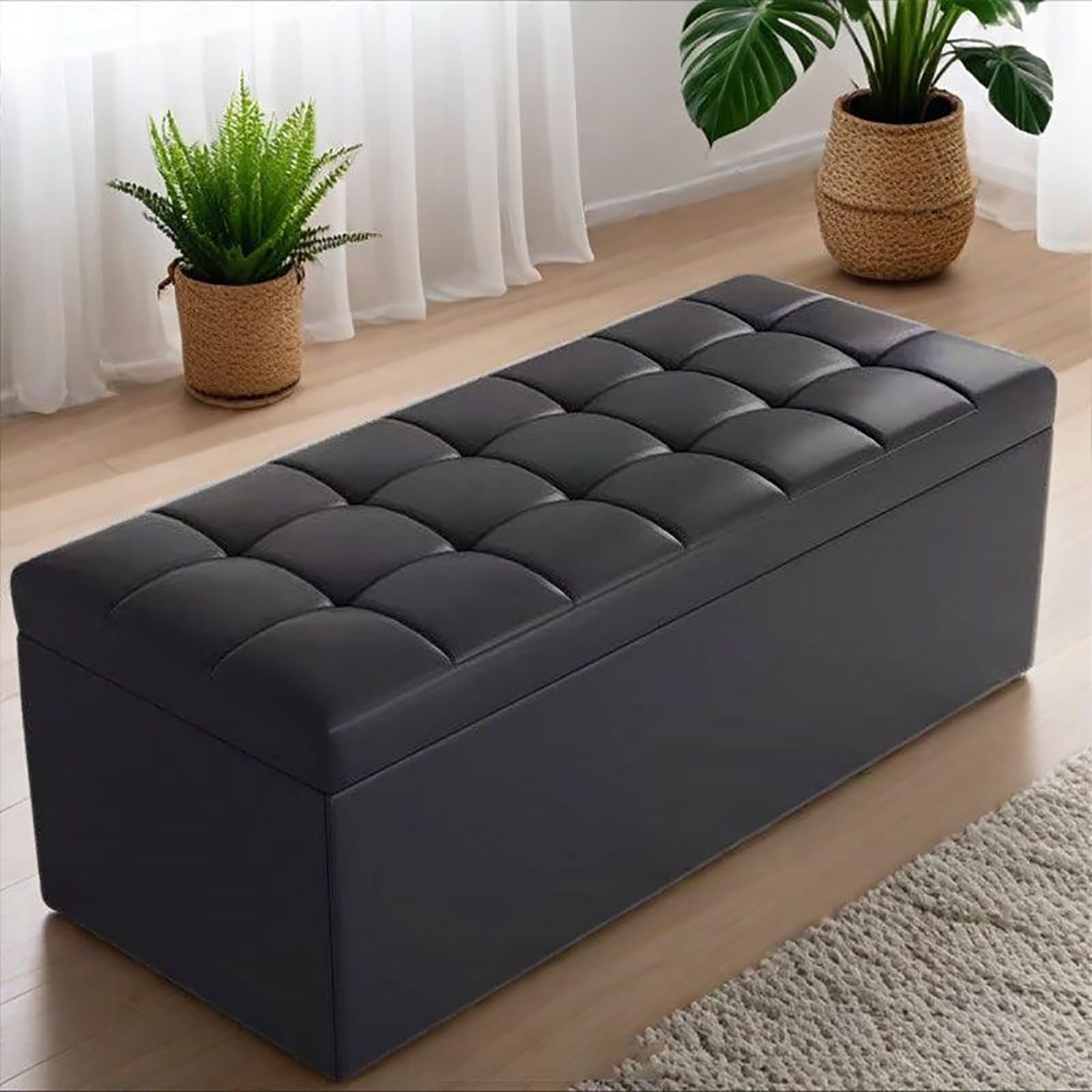 KLGFBDC Black Faux Leather Storage Ottoman Bench Tufted Upholstered Foot Rest Stool for Living Room & Bedroom Entryway Shoe Bench Supports 660 Lbs 39x16x16 in