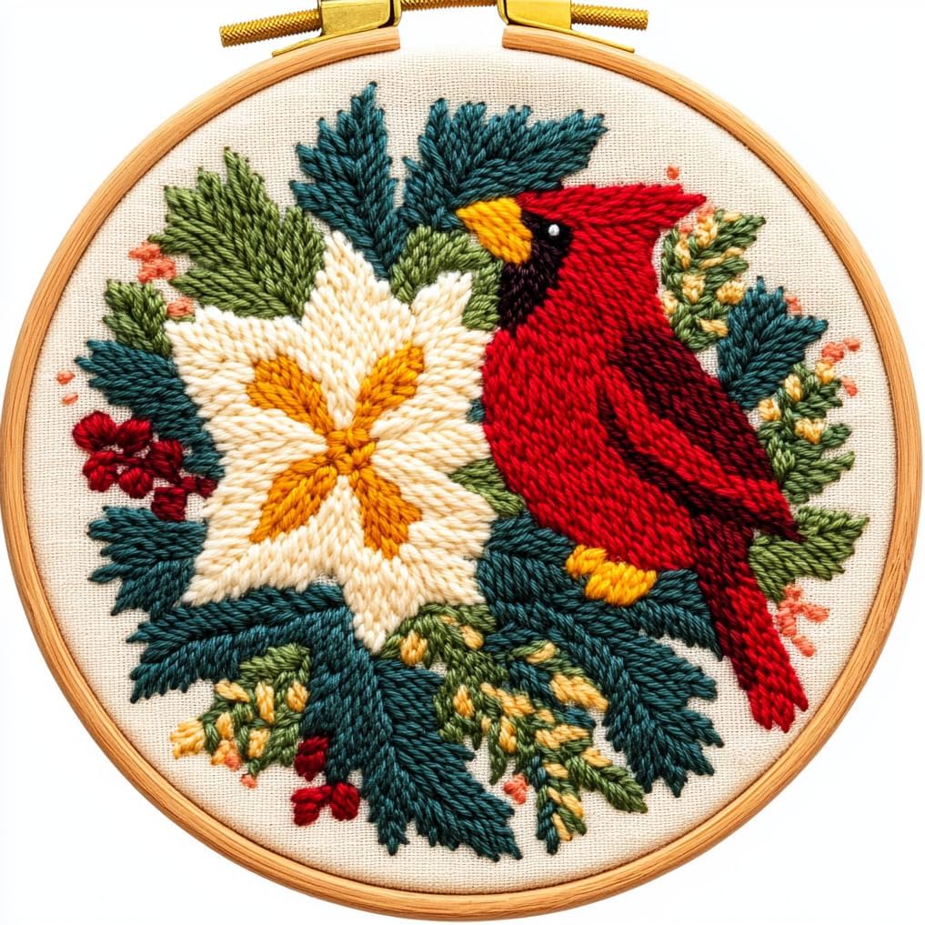 DIY Punch Needle Kits for Beginners Christmas Flowers and Cardinal Bird with Hoop Embroidery Punch Needle Starter Craft Set Easy for Adults and Children Festival Gift and Decoration 20x20cm-3