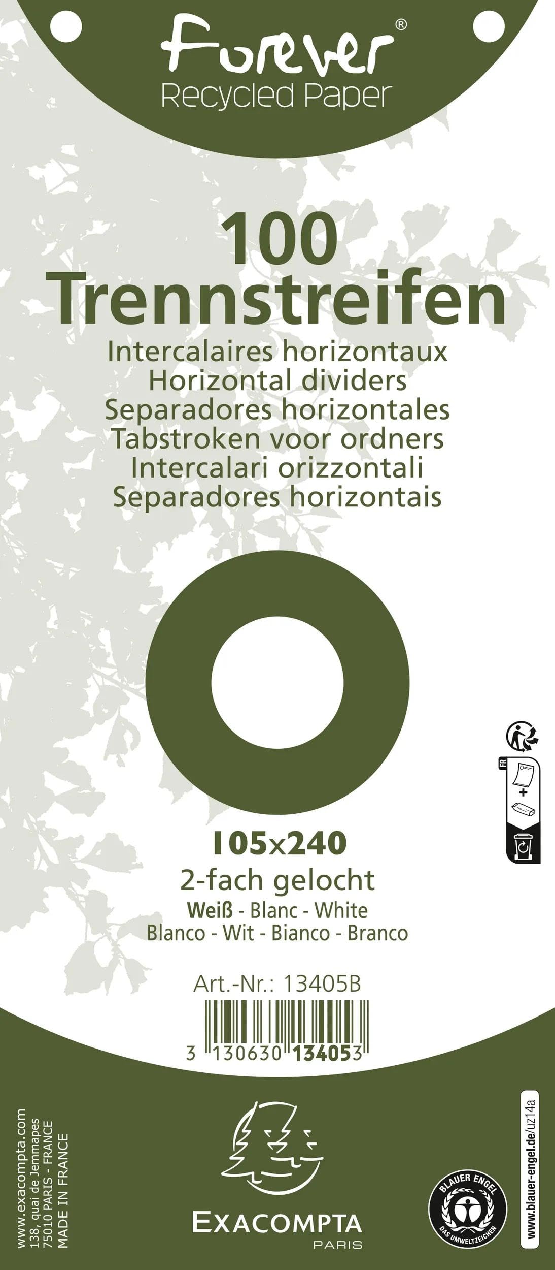 Paquet 100 fiches intercalaires horizontales unies perforees forever - 105x240mm