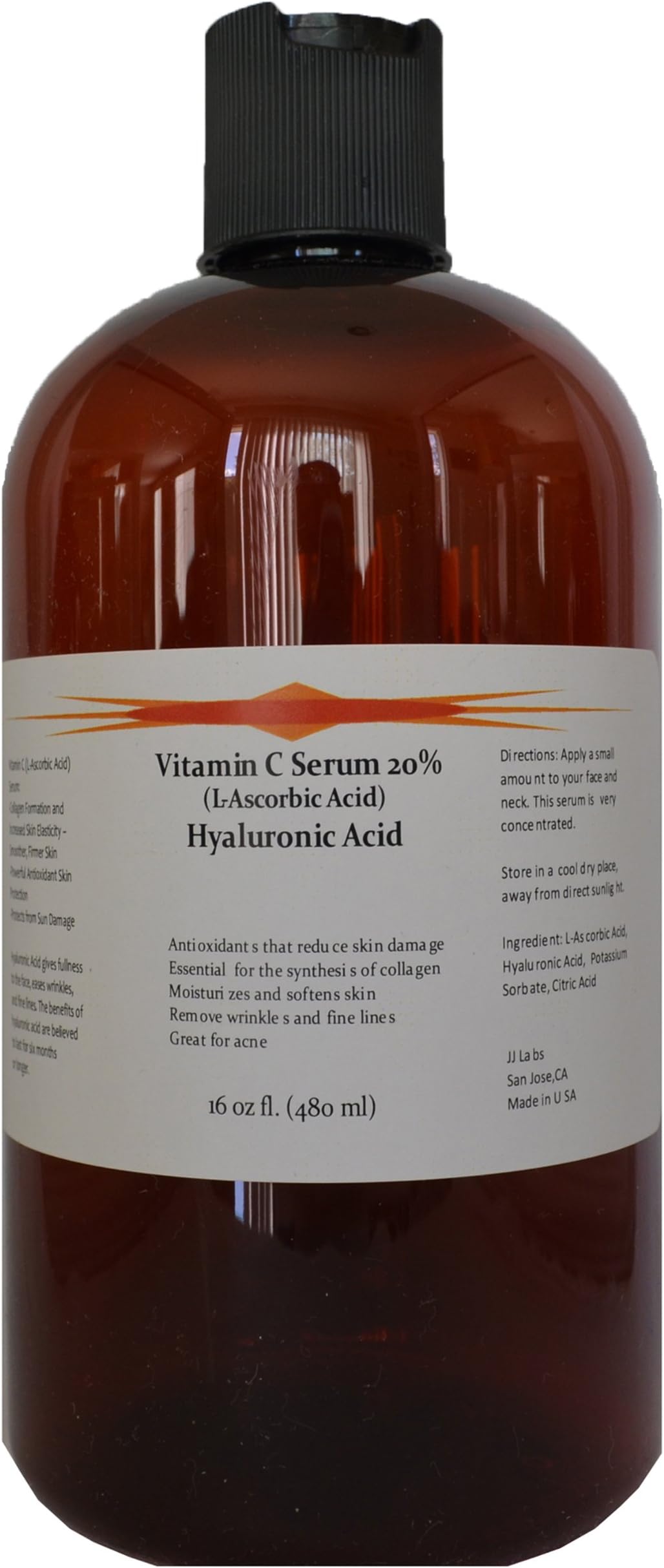 Vitamin C Skin Serum 20% (L-Ascorbic Acid) with Pure Hyaluronic Acid Anti Aging Serum (16oz)