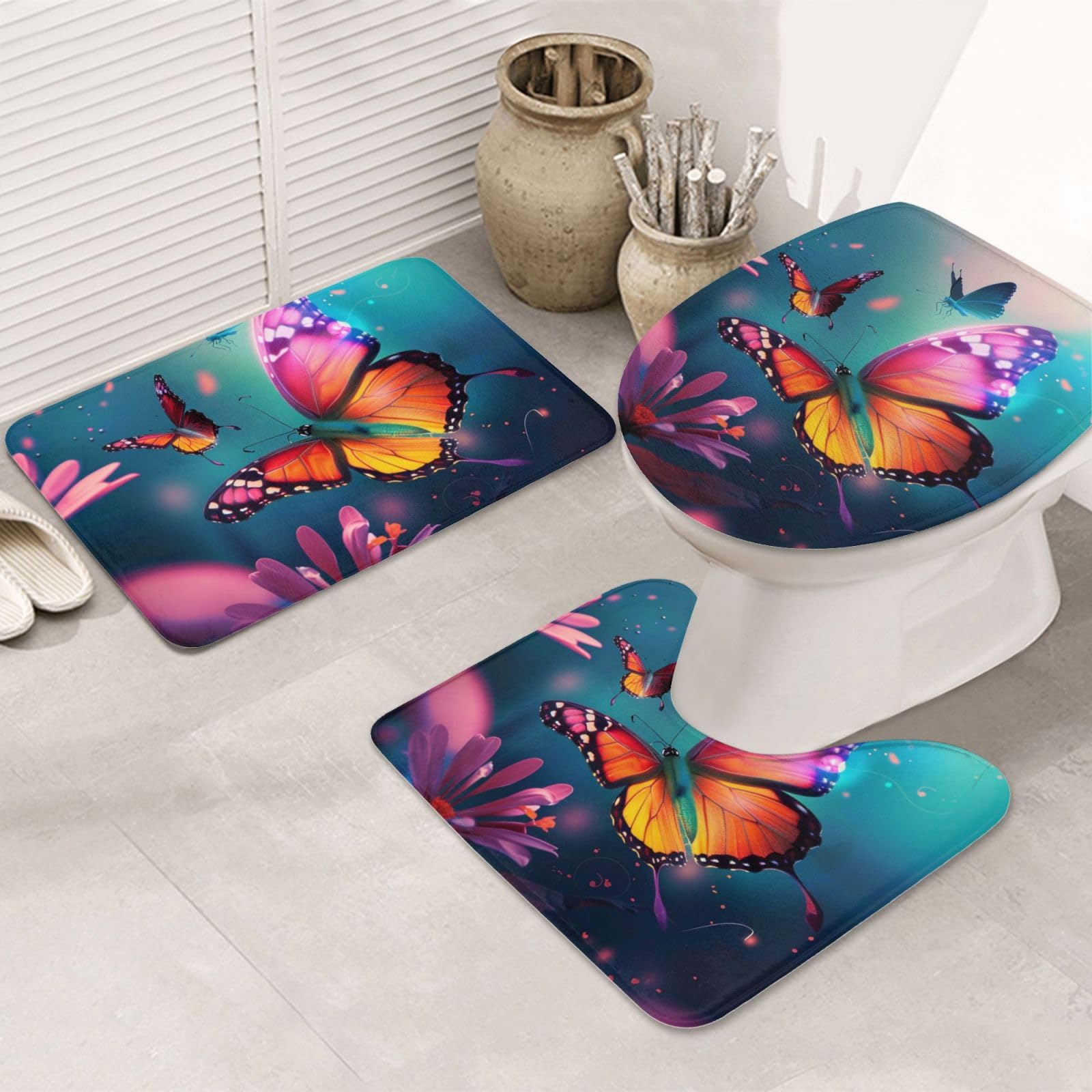 Tapis de salle de bain absorbant lot de 3 pièces en flanelle douce et motif papillon