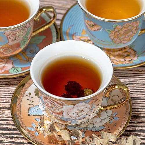 Miniatura 5 de Juego de 6 tazas de té y platillos florales de 8 onzas con cucharas, taza de cerámica y platillo para capuchino, expreso, café, café, café con