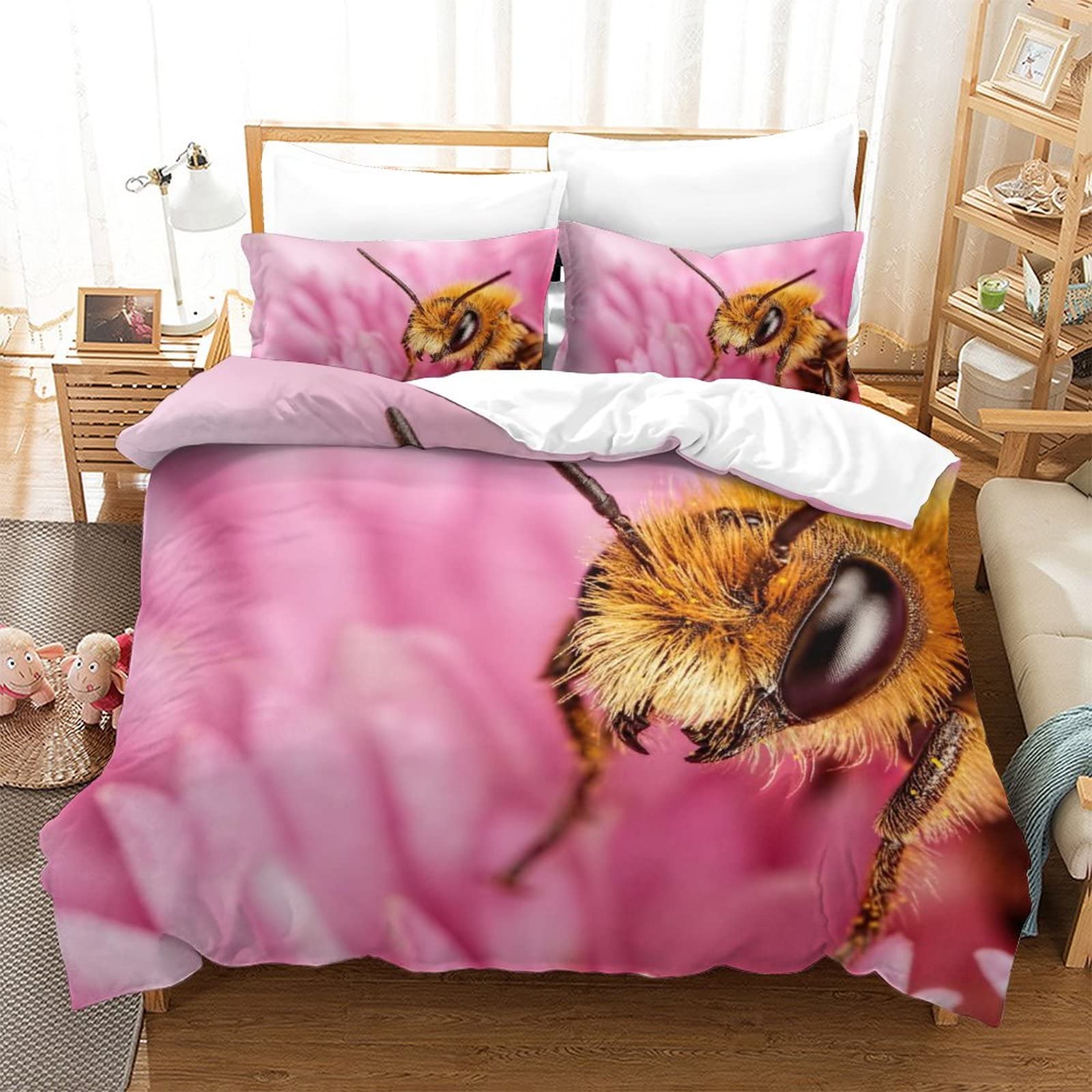 Parure de Lit Abeille Double 200x200 Microfibre Confort Toutes Saisons avec Taies d'Oreiller