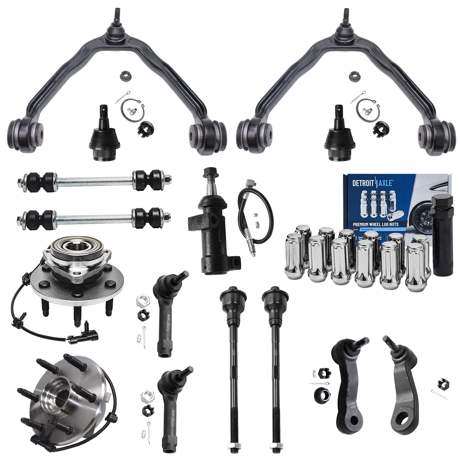 DETROIT AXLE4WD Front Wheel Hubs Control Arms Suspension Kit + 12pc Lugnuts w/Key Replacement for 2000-2006 Silverado Sierra 1500 Tahoe - 28pc Set