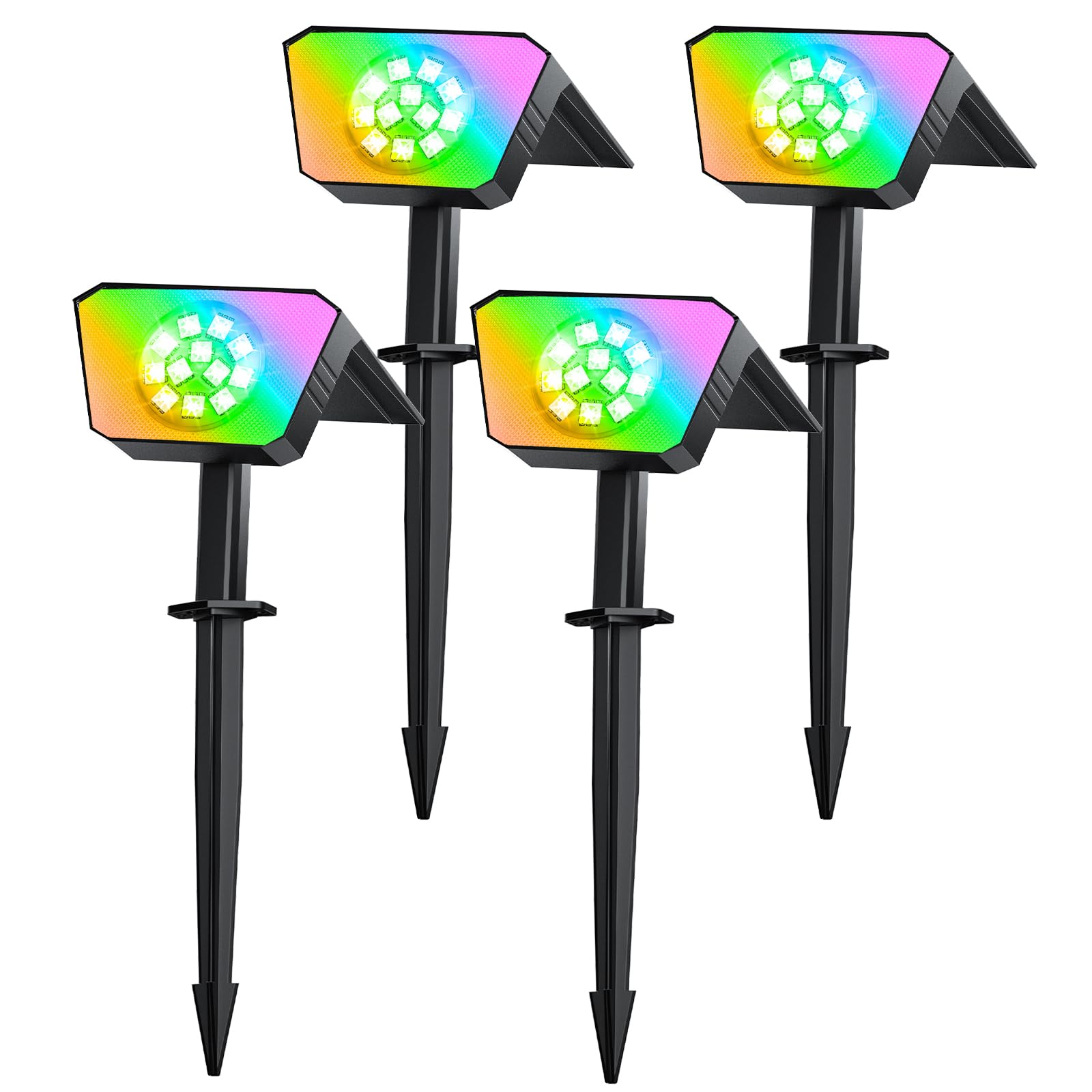 FIFlying Luces Solares LED Exterior Jardin 4 Piezas, 12 LED Focos LED Exterior Solares, 8 Modos Impermeable IP67 Foco Solar para Patio, Caminos, Terraza, Calzada, Piscina, Césped - Multicolor