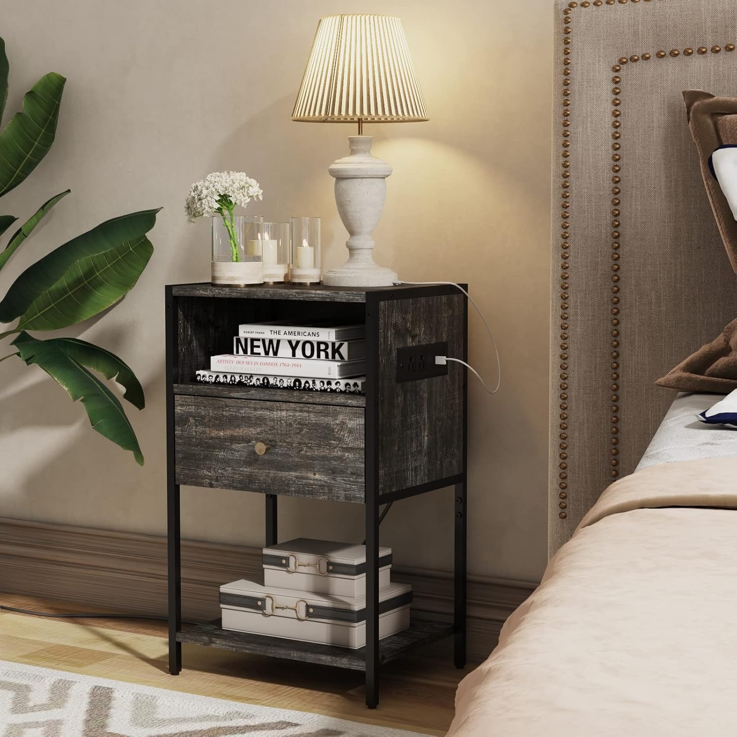 LDTTCUK Nightstand with Charging Station, Modern End Table with Drawer, Bedside Table with Open Storage for Bedroom, Retro Grey