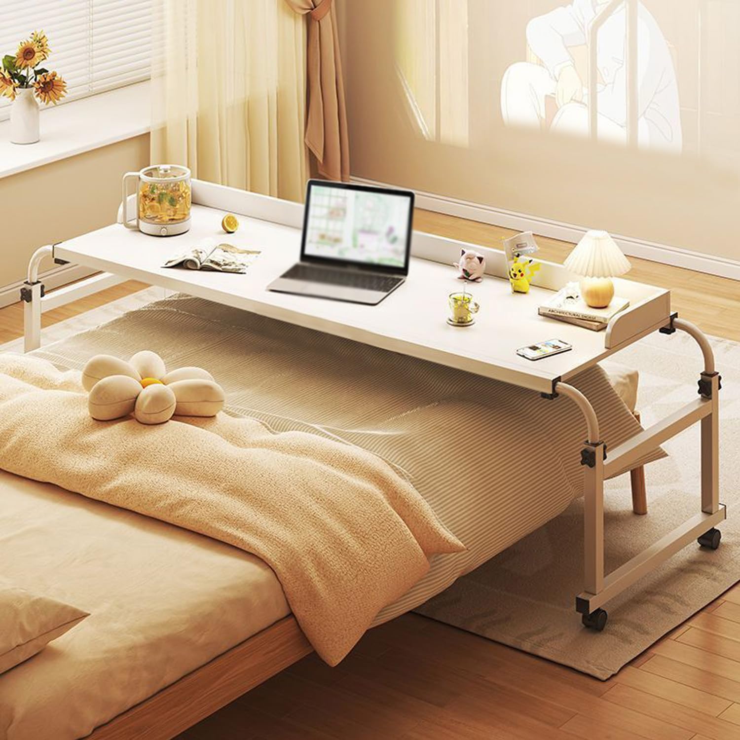 Petit chariot sous matelas blanc avec table de chevet amovible hauteur modulable