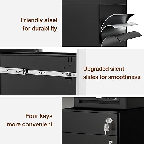 Miniatura 4 de Archivador móvil con 3 cerraduras, archivadores de 3 cajones para oficina en casa, archivador de metal debajo del escritorio para A4cartalegal, con