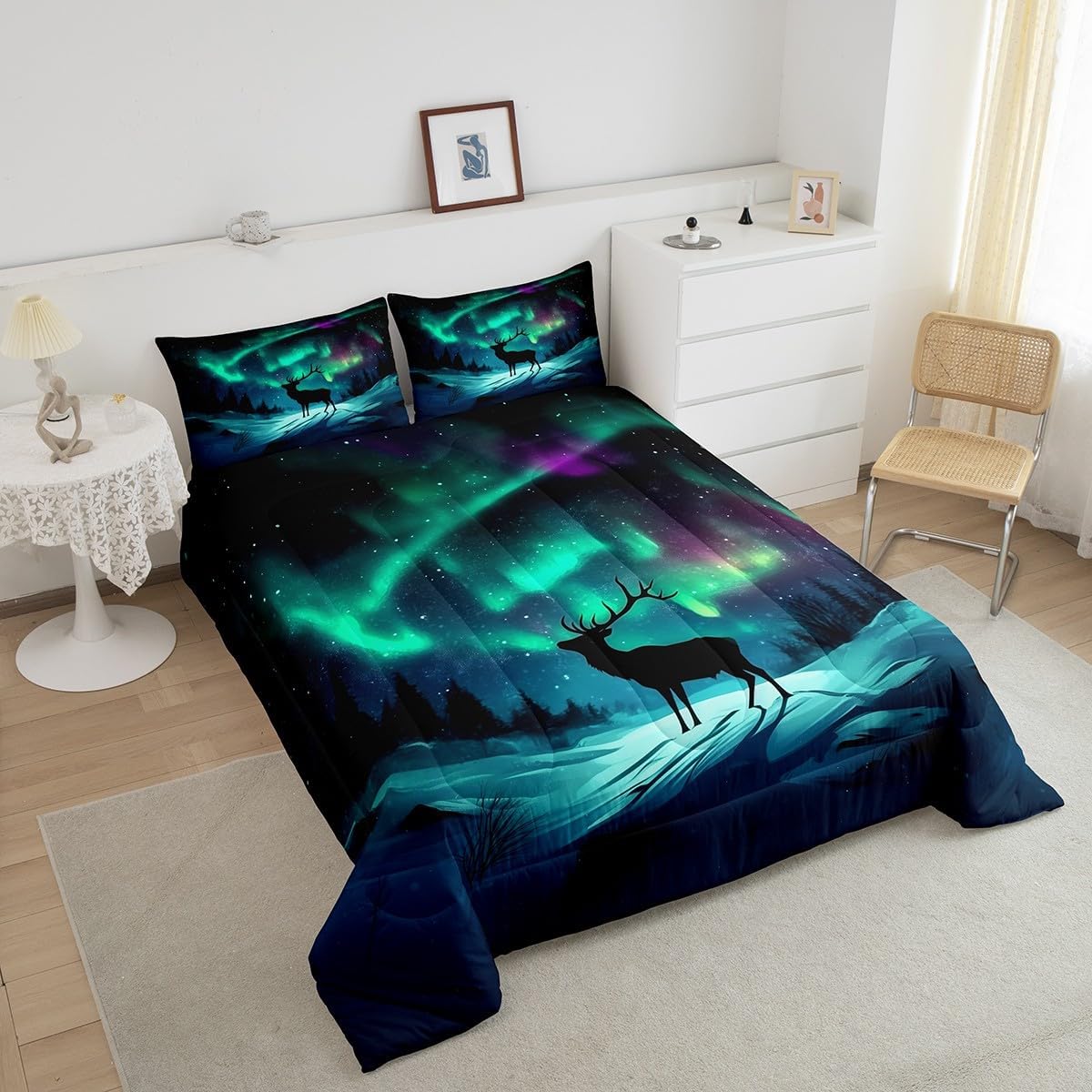 Erosebridal Aurora Deer Comforter Set Queen Size,Northern Lights Bedding Set for Kids Adults,Farmhouse Cabin Deer Quilt Bed Set Starry Night Nature Bed Comforter Sets with 2 Pillowcases Room Decor image 3
