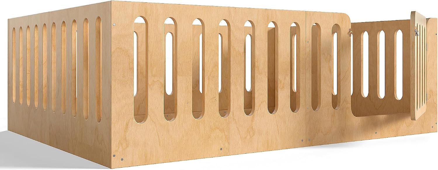 Bellemave Montessori Queen Floor Bed with Playful Door & 23.6" H Guardrails, Solid Wood Montessori Floor Bed Frame, Low Profile & Rounded Corner Safe Design, No Slats, No Box Sring Needed, Natural