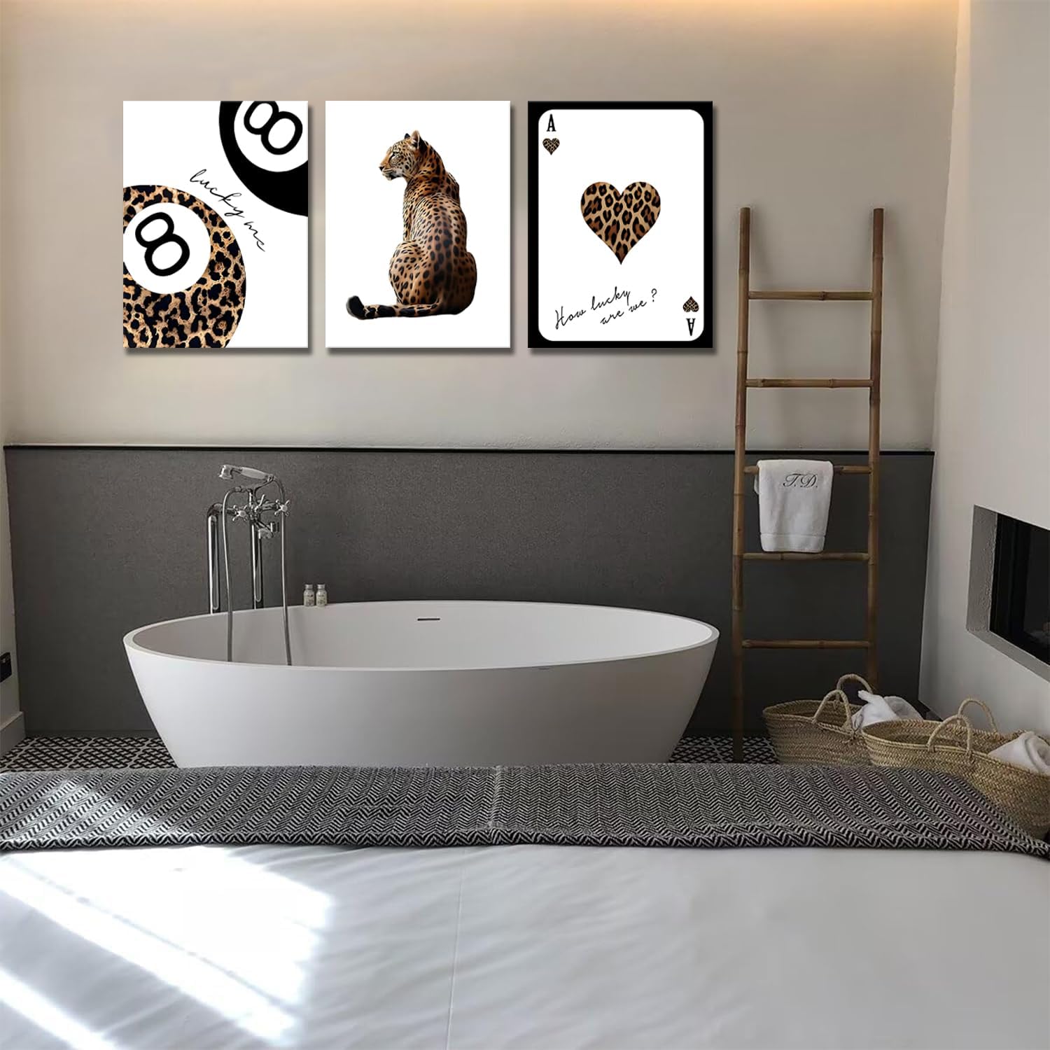 Trendy Leopard Canvas Wall Art Set of 3 Cheetah Printed Preppy Lucky 8 Ball Wall Decor Preppy Room Aesthetic posters Prints for Girls Bedroom Apartment Dorm 12x16in Framed Decoration