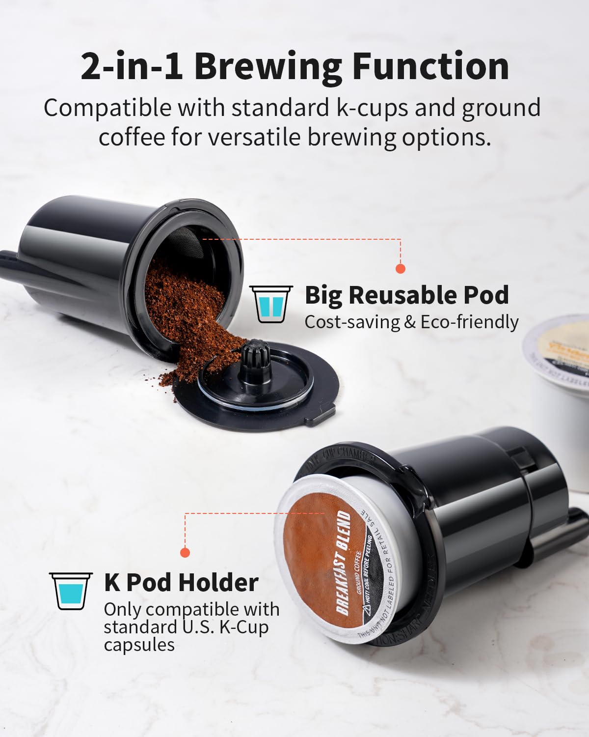 KIDISLE Hot & Iced Single Serve Coffee Maker for K Cup & Grounds, 6–16oz Brew Sizes, 40oz Water Tank, Reusable Pod Filter, Easy-to-Use for Home, Office, Dorm, Black — view 3