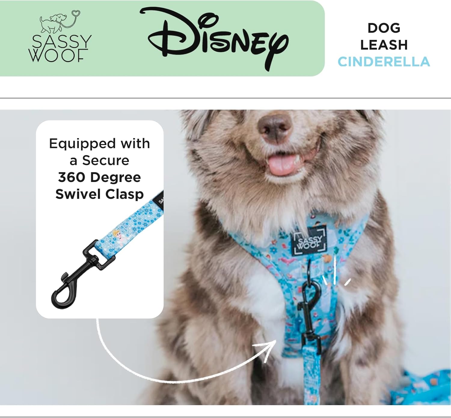 Sassy Woof Disney Princess Cinderella Dog Leash 60-Inch with Neoprene Padded Handle - Comfortable, Durable, and Stylish for Small to Large Dogs - Officially Licensed