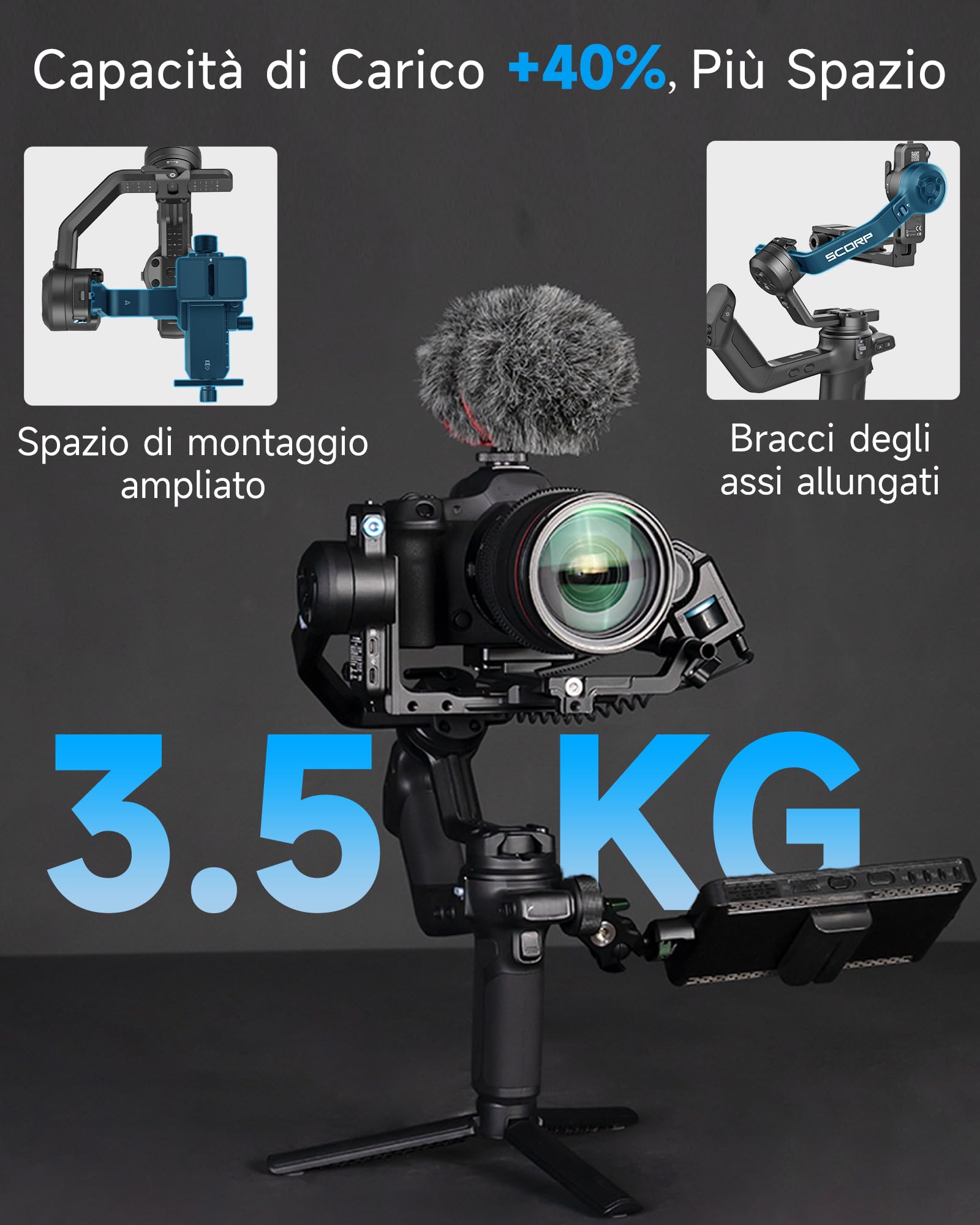 Feiyutech SCORP 3 [UFFICIALE] Stabilizzatore Gimbal per Fotocamera con Tracking AI 4.0 Integrato,Carico Utile di 3,5 kg,Impugnatura Rimovibile con Controllo Wireless a 12m,Riprese Verticali Native