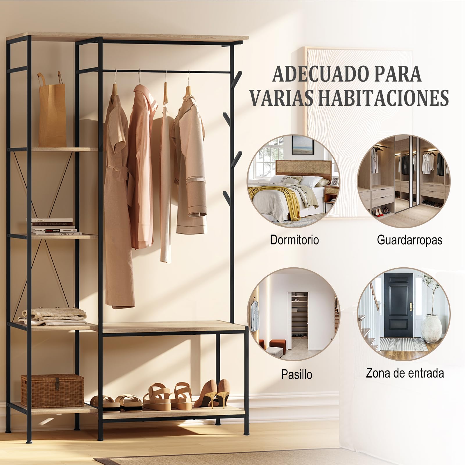 eSituro Perchero con banco 3 en 1, 4 estantes, 4 ganchos, para pasillo, oficina, dormitorio, 100 x 40 x 175 cm, roble claro y negro SGR0150