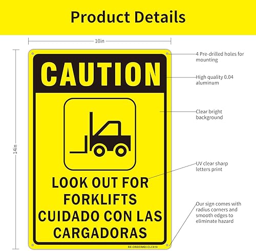 Miniatura 2 de Precaución letrero bilingüe con texto en inglés Look Out Out For Forklifts, señal de advertencia reflectante de aluminio de 14 x 10 pulgadas para