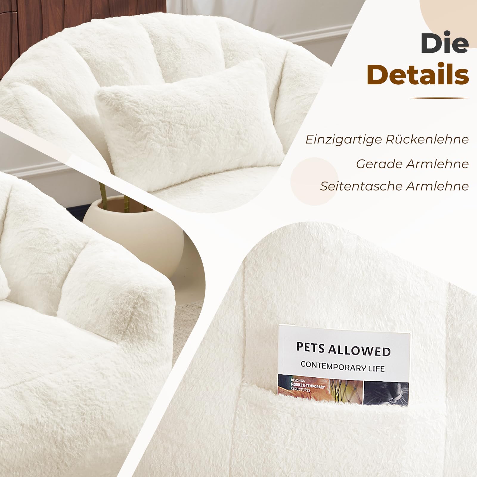 Sitzsack für Erwachsene, Flauschiger Loungesessel aus Kunstfell mit Kissen, Belastbarkeit bis 160 kg, Vakuumverpackt & ohne Montage, für Wohnzimmer, Schlafzimmer, Balkon, Weiß