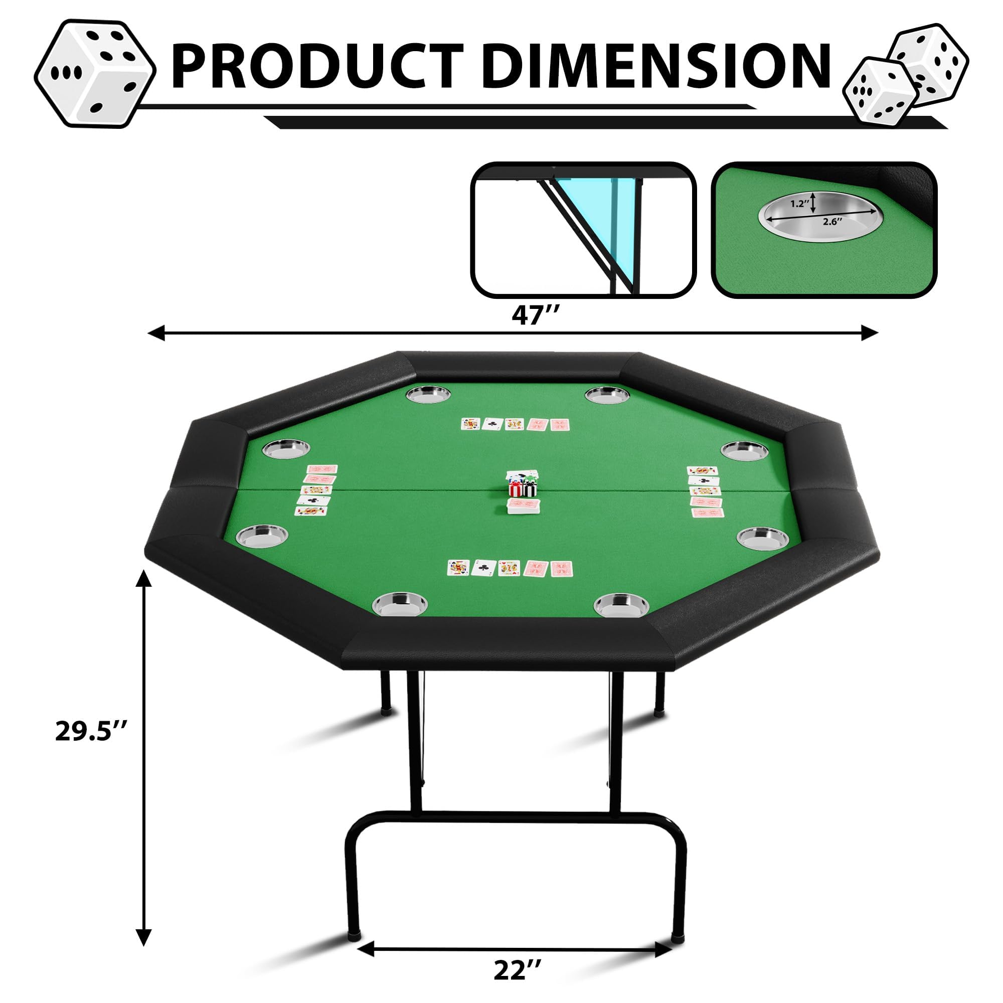 Table de poker 8 joueurs pliable octogonale verte Table de jeu octogonale avec revêtement en feutre