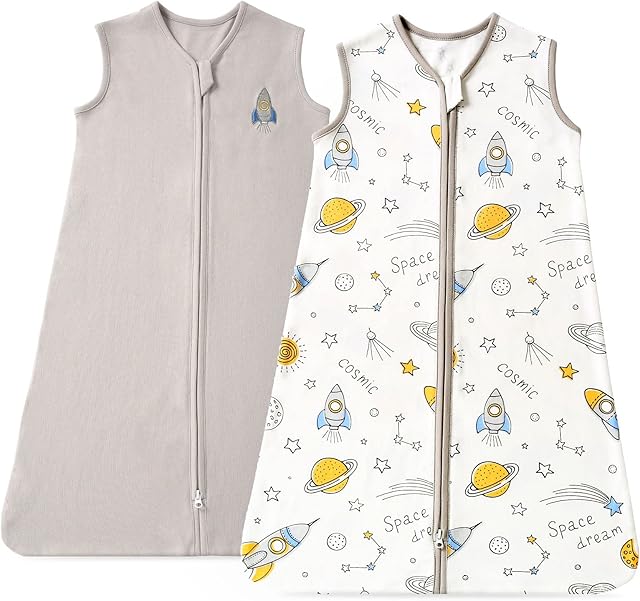 beeweed 2 Pack Baby Sleep Sack 1.0 Tog, Unisex Sleeveless Cotton Baby Wearable Blanket with 2 Way Zipper, All Season Soft Baby Sleep Bag Suit for Baby Toddler, Medium (6-12 Months) - Rockets