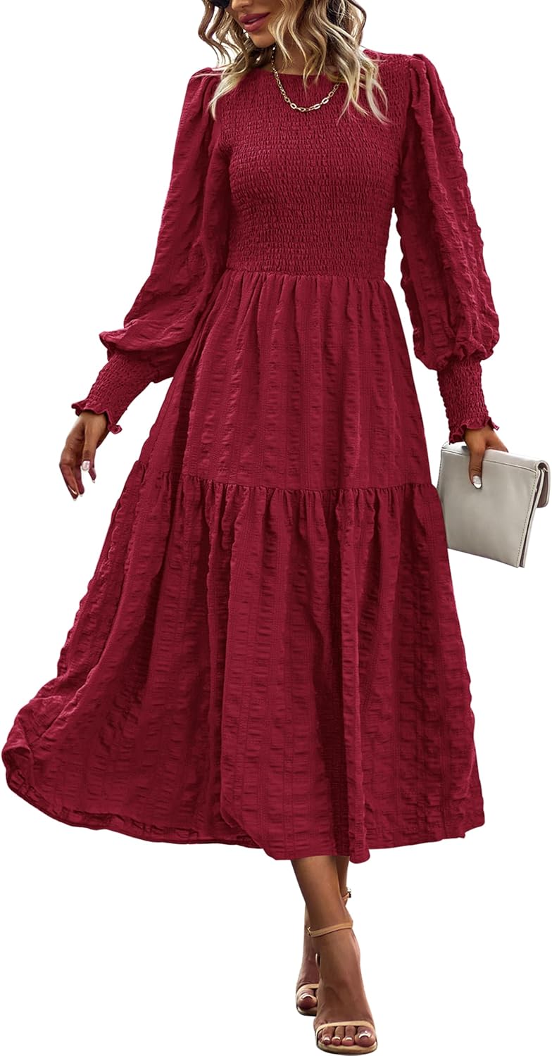 PRETTYGARDEN Women 2026 Spring Puff Long Sleeve Crewneck Smocked Maxi Dress Empire Waist Tiered A-line Swing Flowy Long Dress