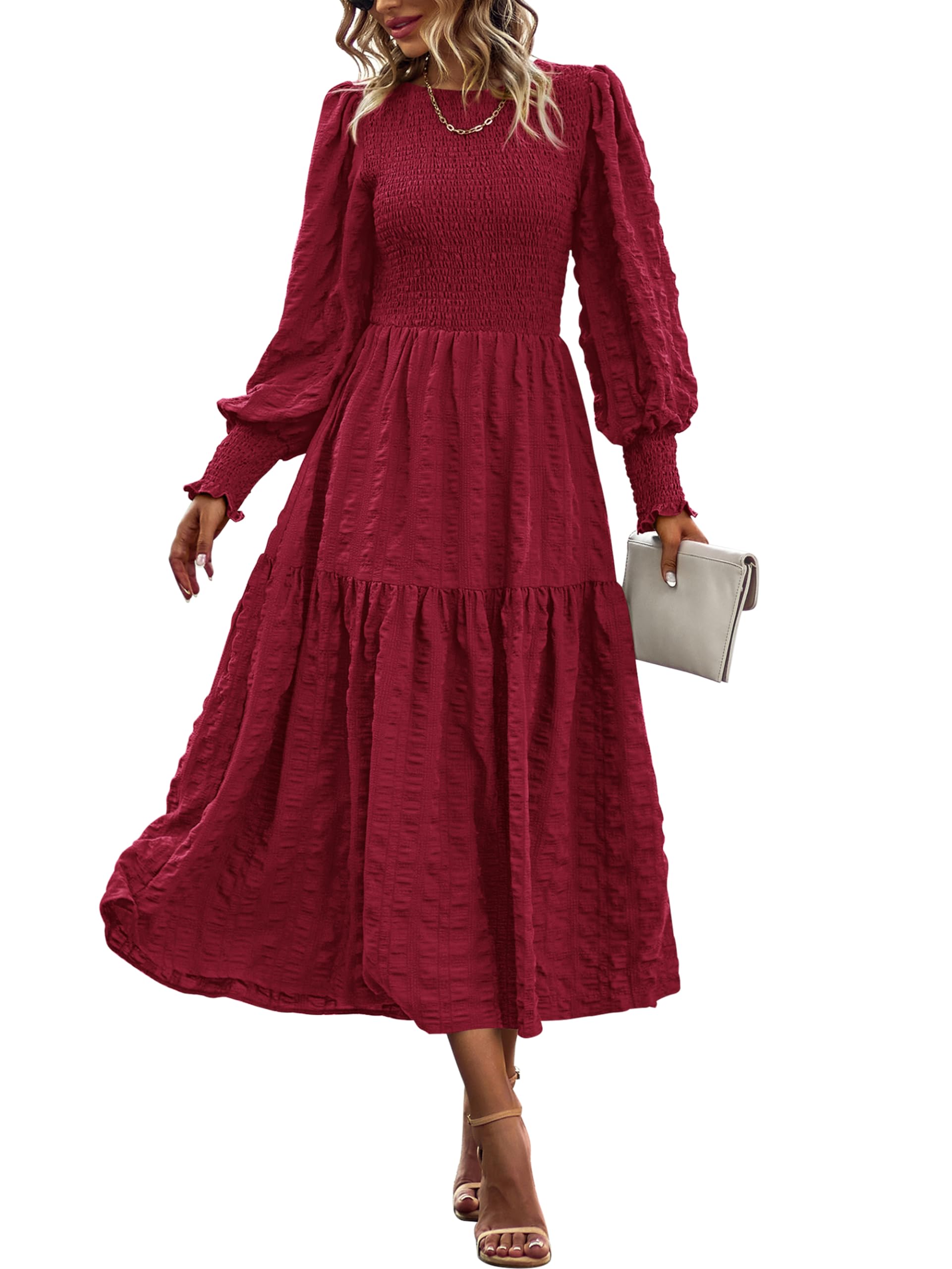 PRETTYGARDEN Women 2025 Spring Puff Long Sleeve Crewneck Smocked Maxi Dress Empire Waist Tiered A-line Swing Flowy Long