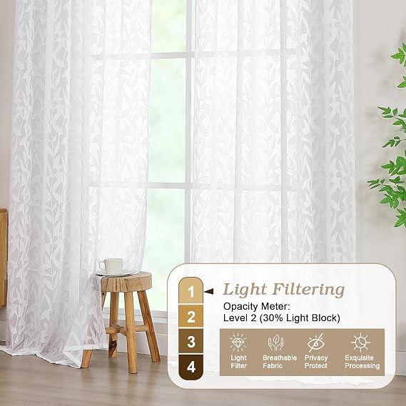 Simplebrand Leah White Leaf Pencil Pleat Curtains 2 Panels W140 x L220 cm