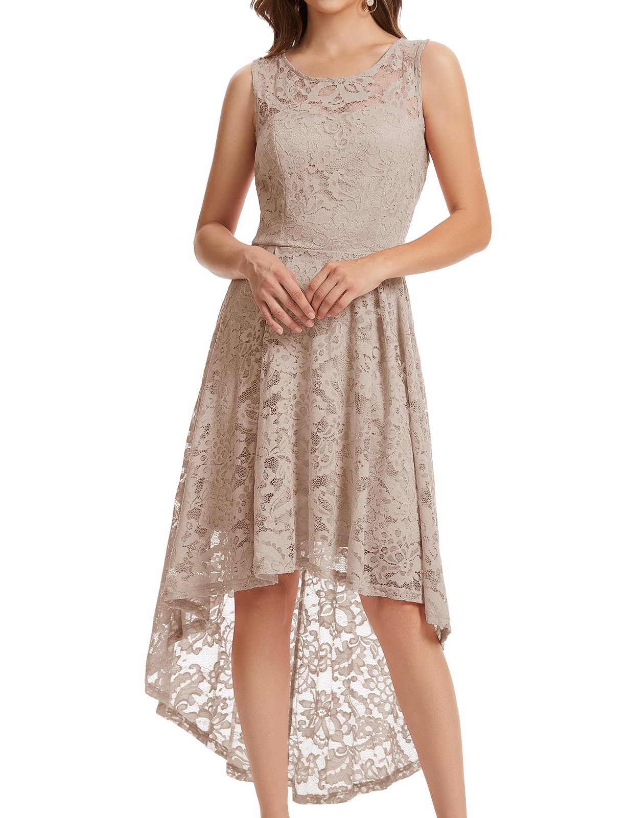 MUADRESS Women's Elegant Floral Lace Dress Sleeveless Crew Neck Hi-Lo Cocktail Dress for Evening Party