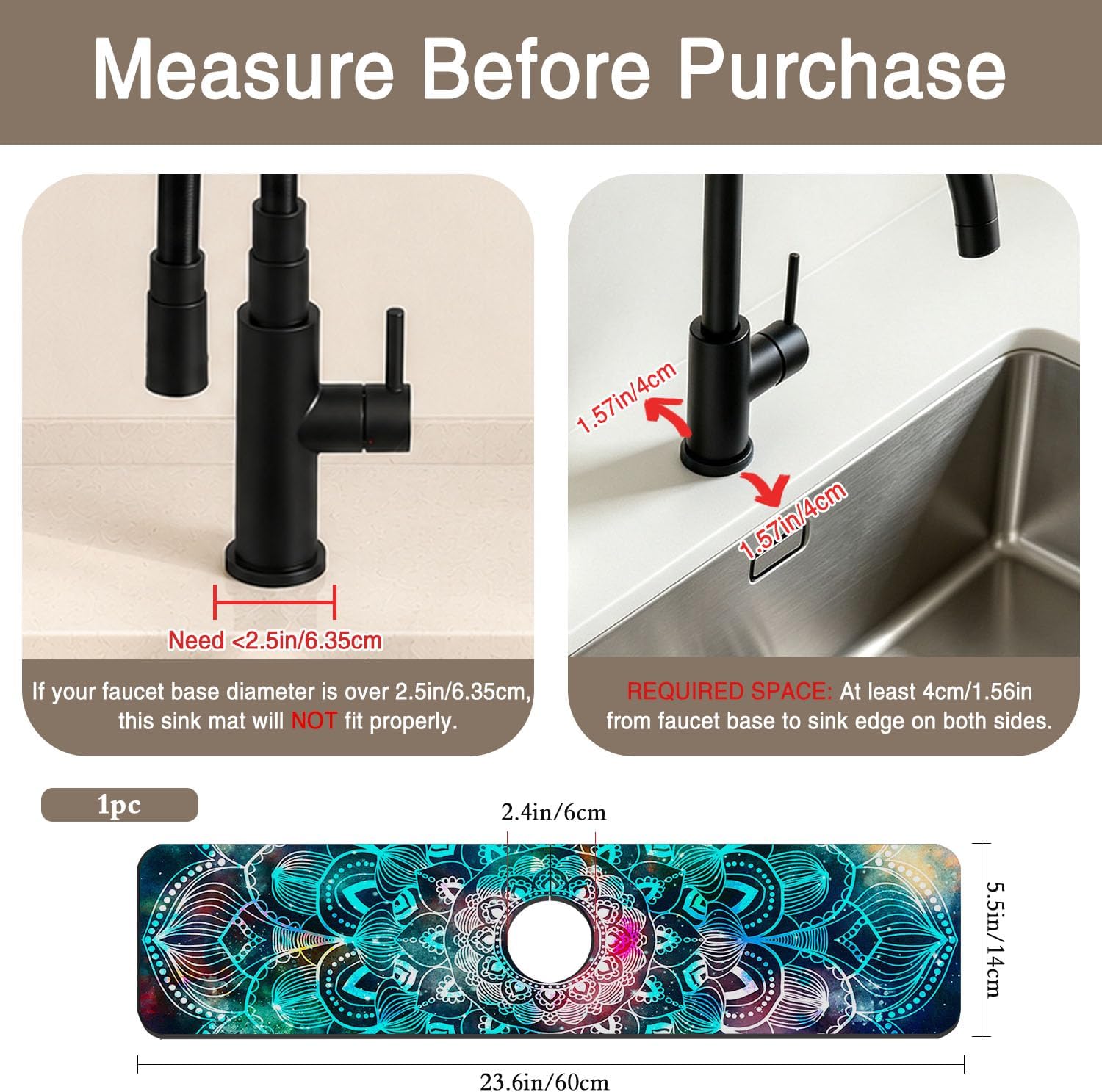Kitchen Faucet Mat Galaxy Mandala Geometric Star Field Sink Splash Guard Behind Faucet Draining Mat Kitchen Accessories Non-slip Easy to Clean for Bathroom & Kitchen 24"X5.5" image 2