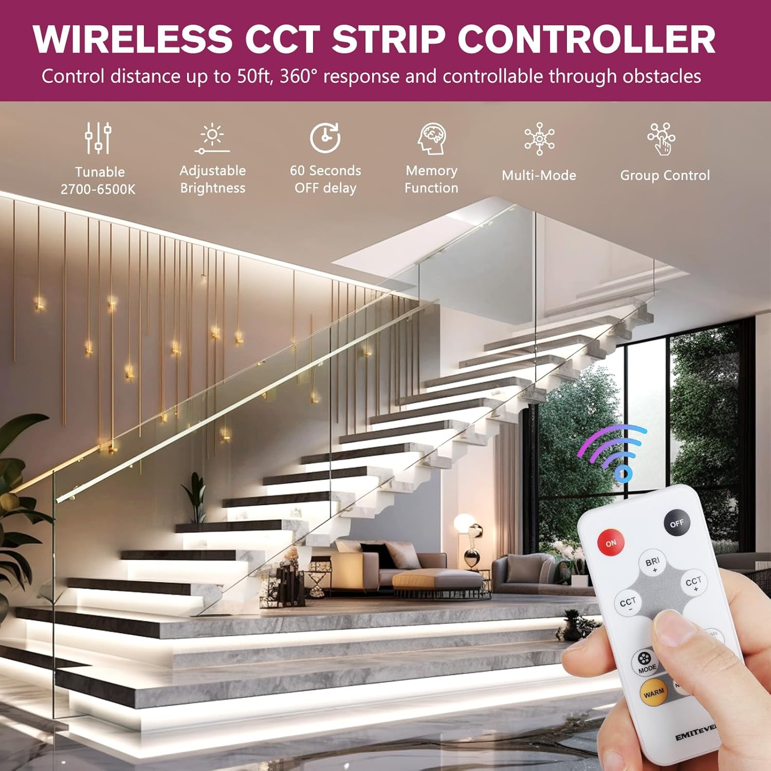 EMITEVER COB LED Strip Light Tunable White 2700K-6500K, Dimmable CCT 24V LED Tape Light Kit 16.4ft, High Density 3200LEDs CRI90+, for Kitchen Under Cabinet Lighting Bedroom Bar Christmas