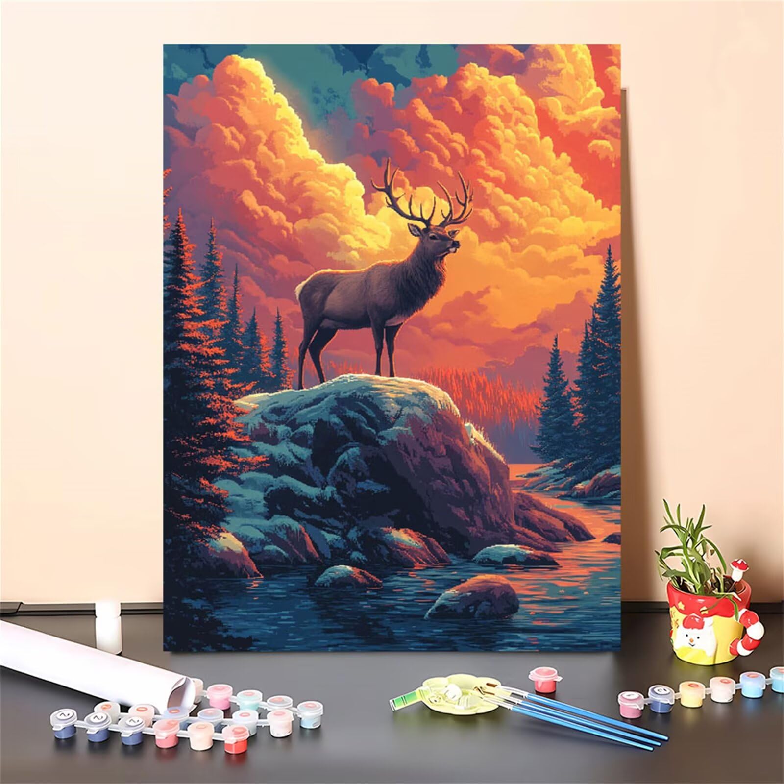 Reh Malen Nach Zahlen Erwachsene Groß 80x100cm,Malen Nach Zahlen Landschaft,Bastelset Set für Erwachsene,DIY Handgemalt Ölgemälde Leinwand Kit mit Pinseln Acrylfarben,Home Dekor Frauen Geschenk M-489