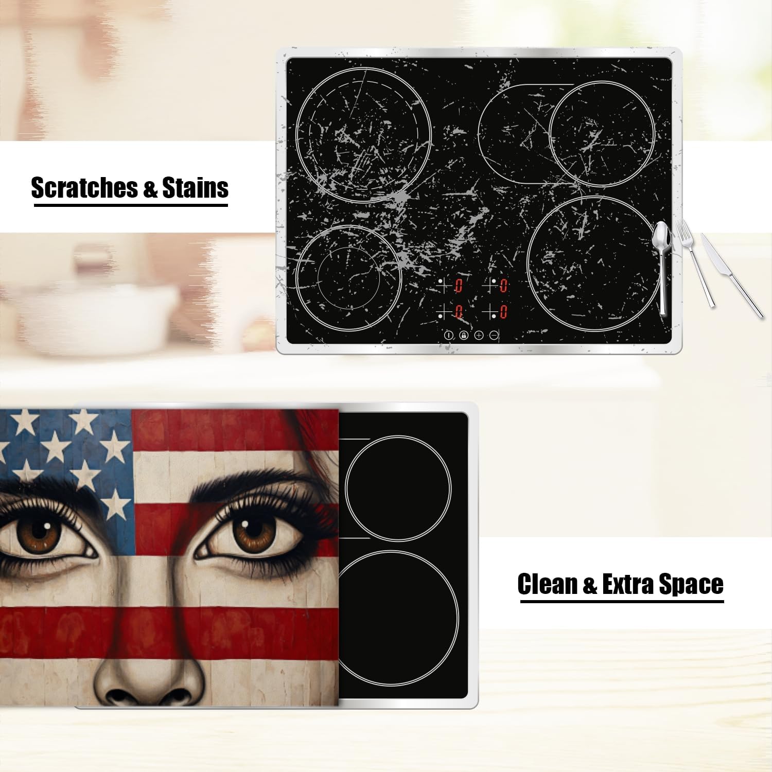 Diatomite Stove Top Covers 28x20 inches Dust-Proof Dish Drying Mat for Gas and Electric Ranges-Beautiful Woman'S Eyes With An American Flag Background