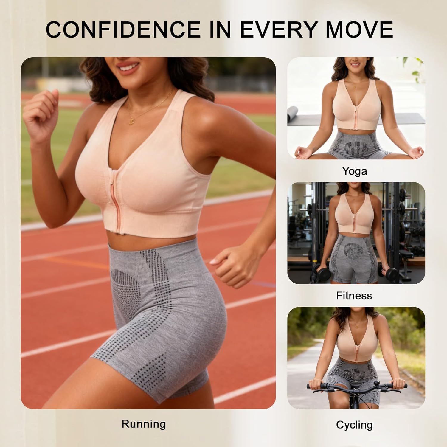 3-Pack Sports Bras for Women Set Zip Front Front Closure Sports Bra Push Up Padded Bra for Running Yoga Exercise Pilates