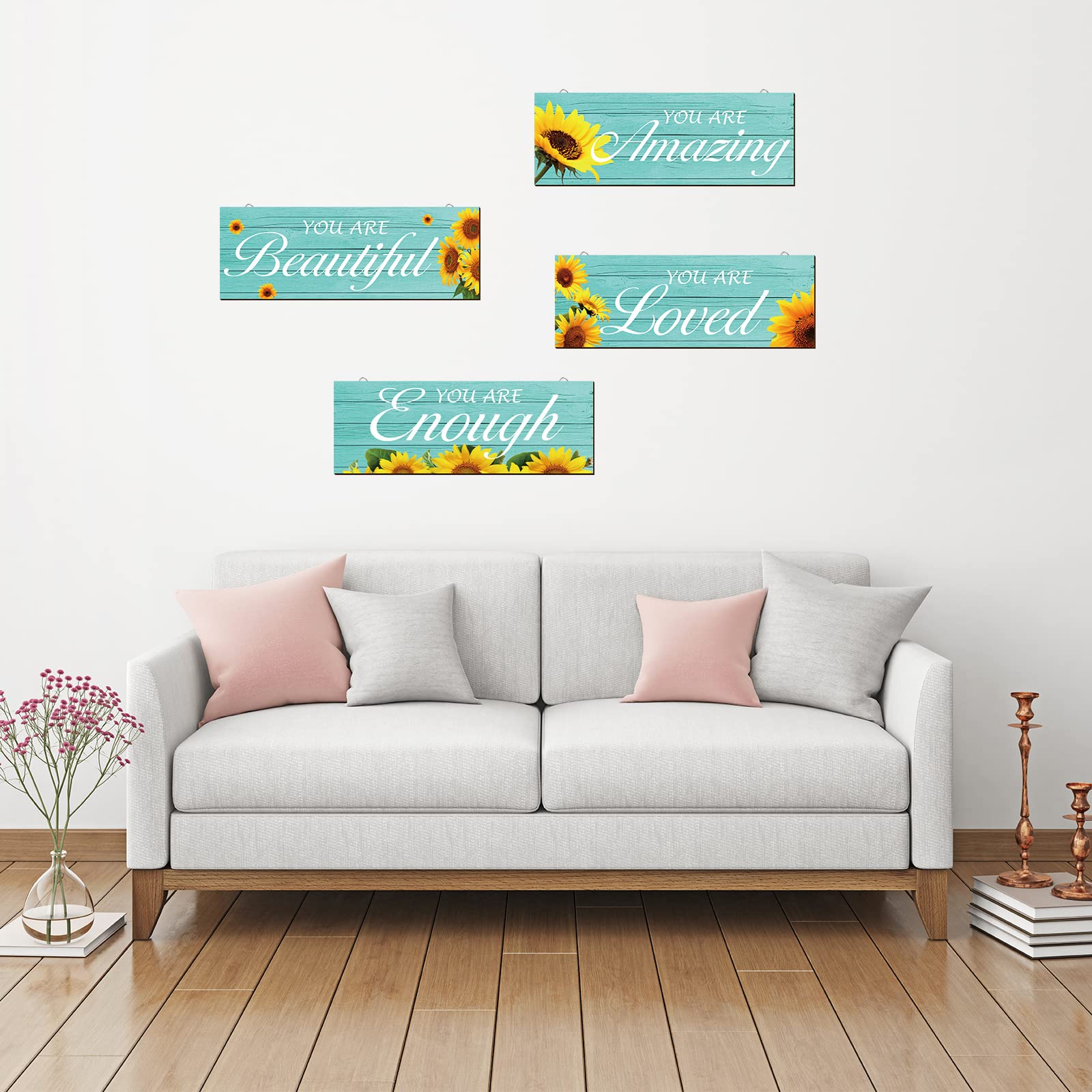 4 piezas de decoración de pared de girasol con texto en inglés You are Loved, decoración inspiradora de girasol, decoración de baño, turquesa, granja, arte de pared, letrero de madera 5