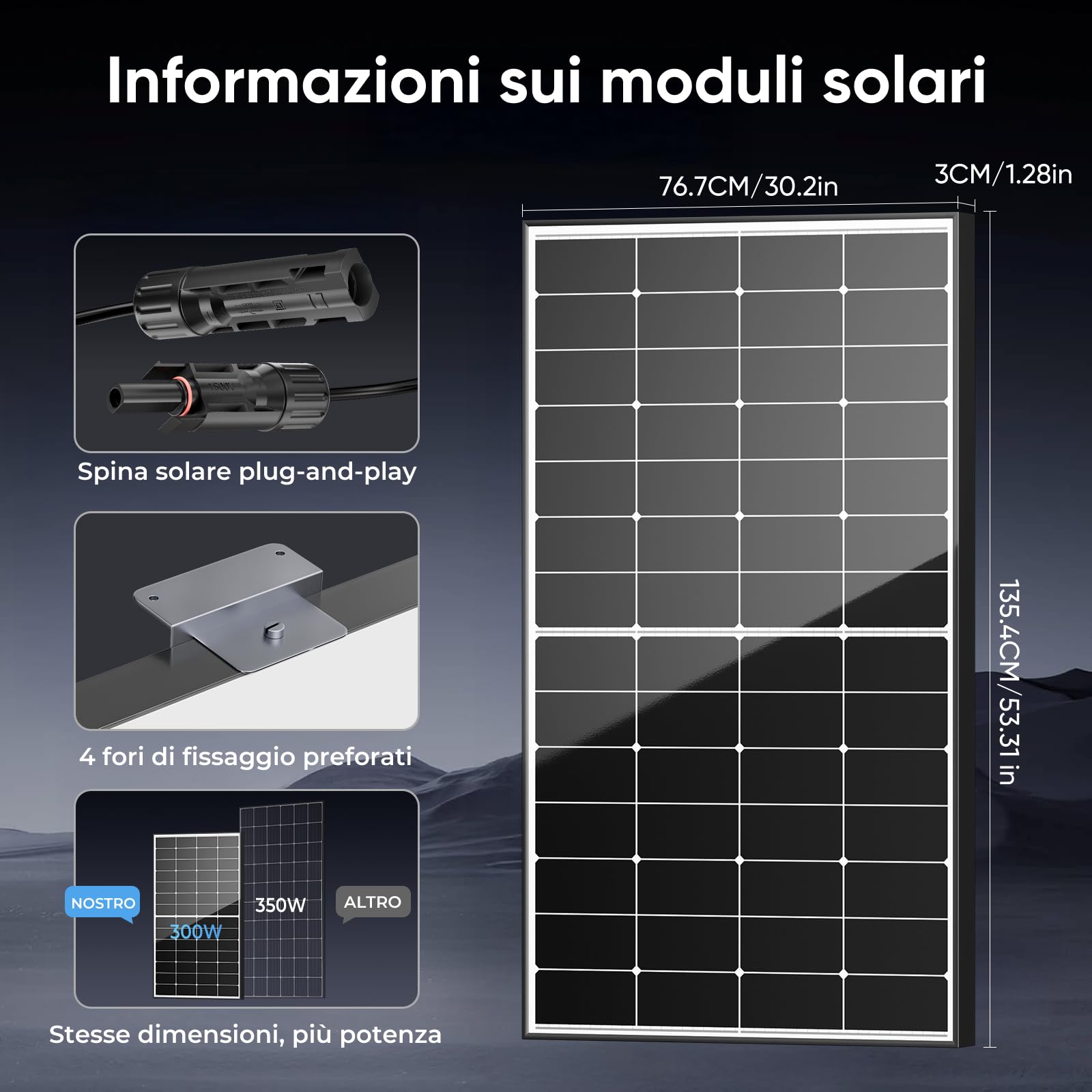 Pannello solare da 300 W, 12 V, pannello solare monocristallino, modulo PV 25,4%, ad alta efficienza per roulotte, camper, case, balconi, barche, tetto, batterie e fuoristrada (300 W)