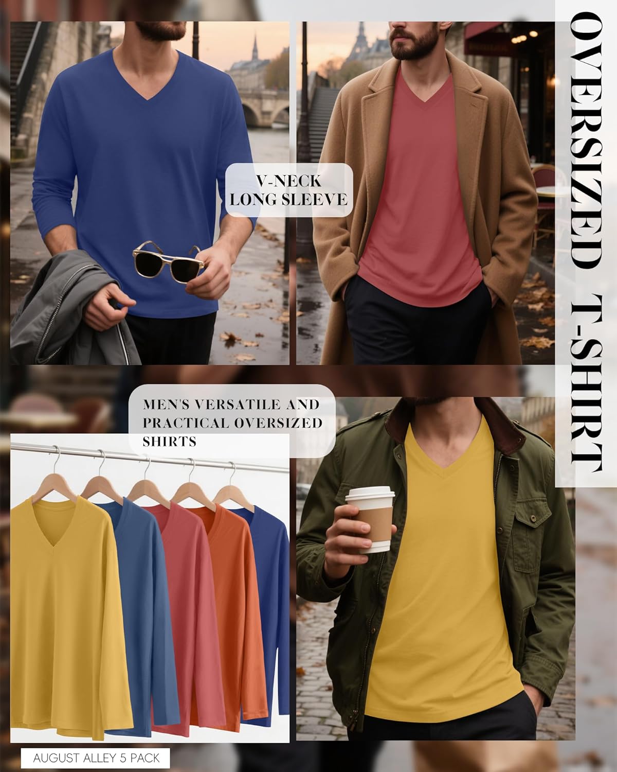 5 Pack Men's Big and Tall Shirts Cotton V Neck L-7xl Long Sleeve Loose Tops Winter Casual Basic Tee Multipack - Image 2